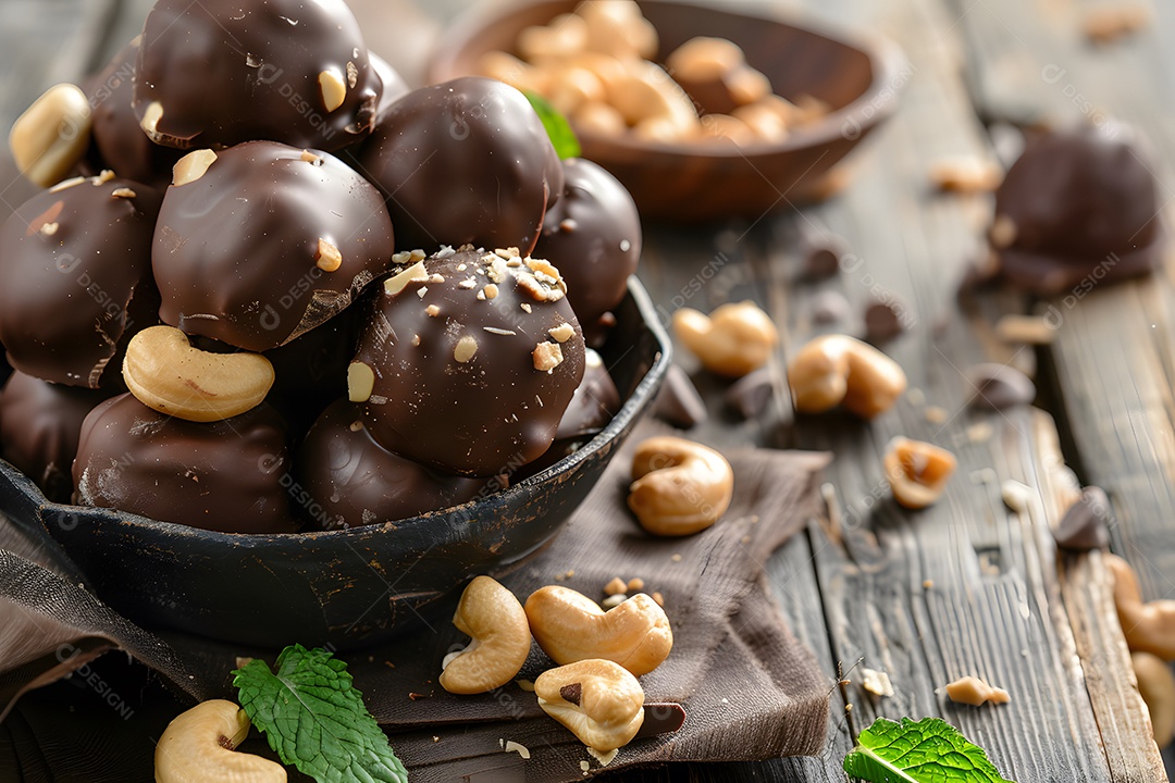 Deliciosas trufa de chocolate com castanhas sobre fundo desfocado