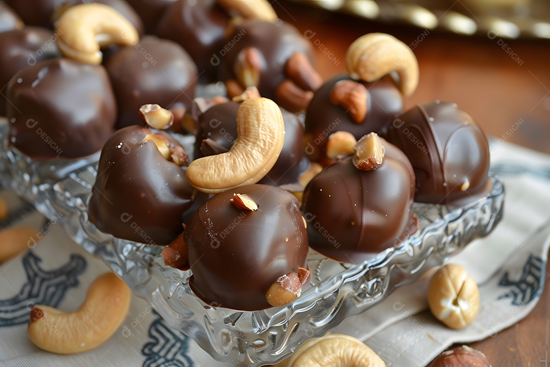 Deliciosas trufa de chocolate com castanhas sobre fundo desfocado