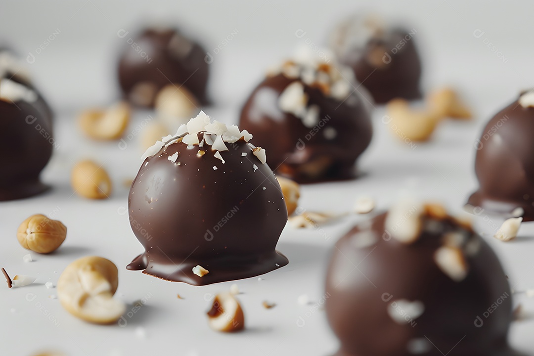 Deliciosas trufa de chocolate com castanhas sobre fundo desfocado