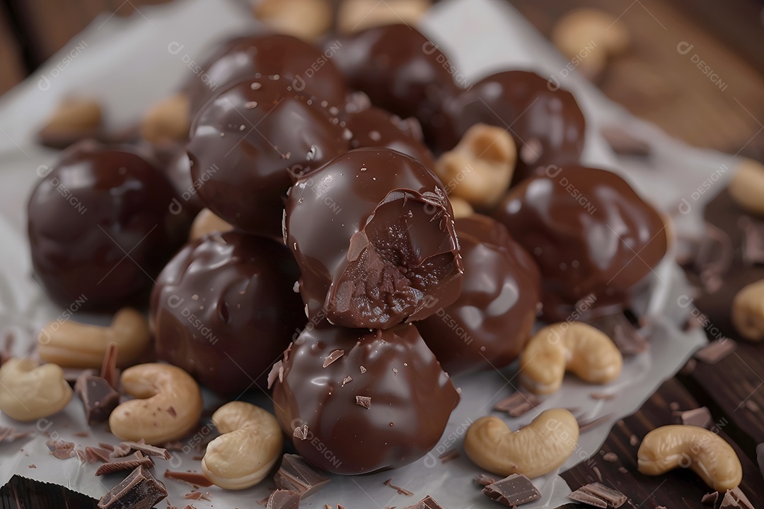 Deliciosas trufa de chocolate com castanhas sobre fundo desfocado