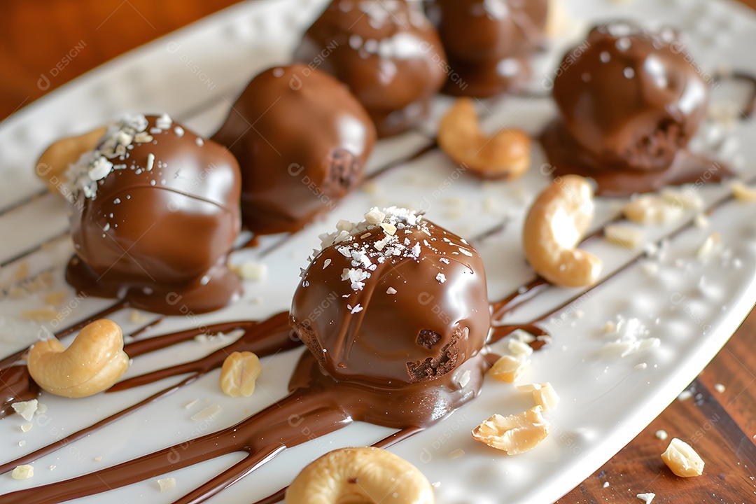 Deliciosas trufa de chocolate com castanhas sobre fundo desfocado