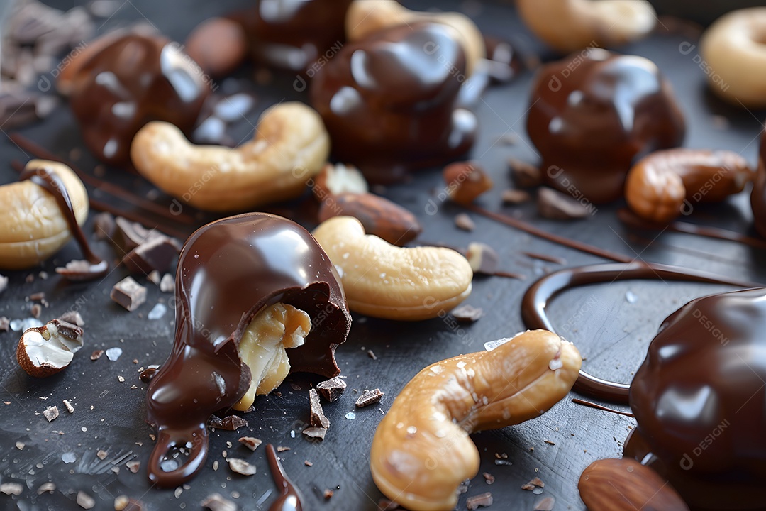 Deliciosas trufa de chocolate com castanhas sobre fundo desfocado