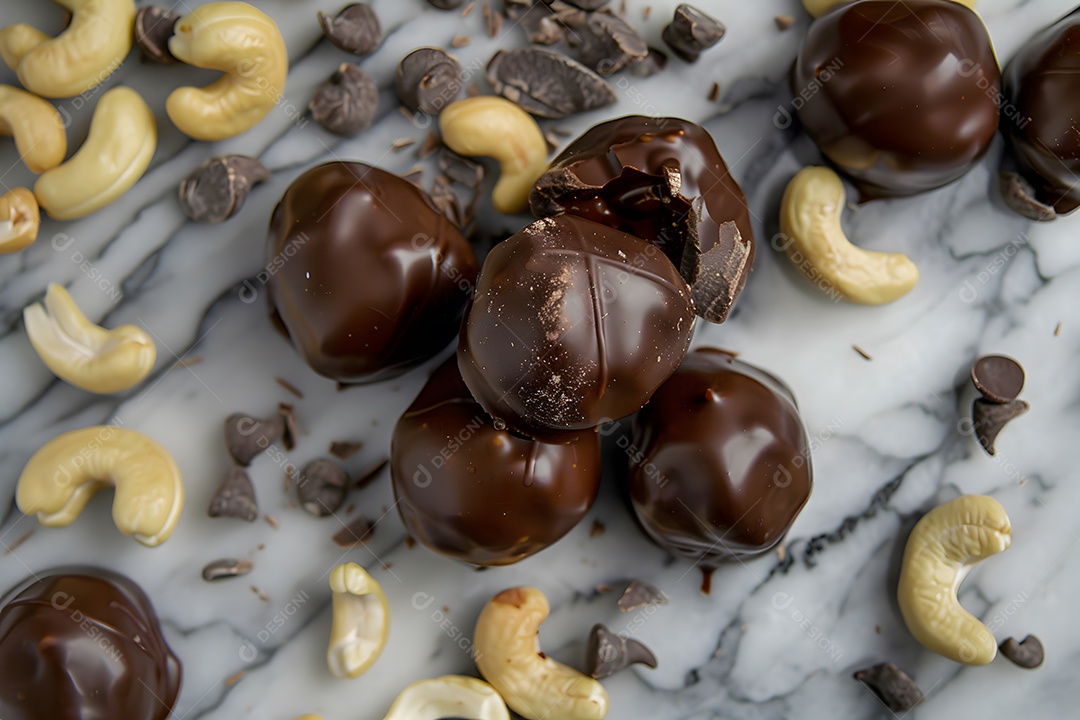 Deliciosas trufa de chocolate com castanhas sobre fundo desfocado