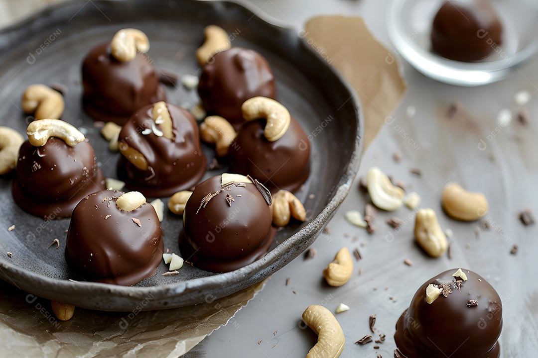 Deliciosas trufa de chocolate com castanhas sobre fundo desfocado