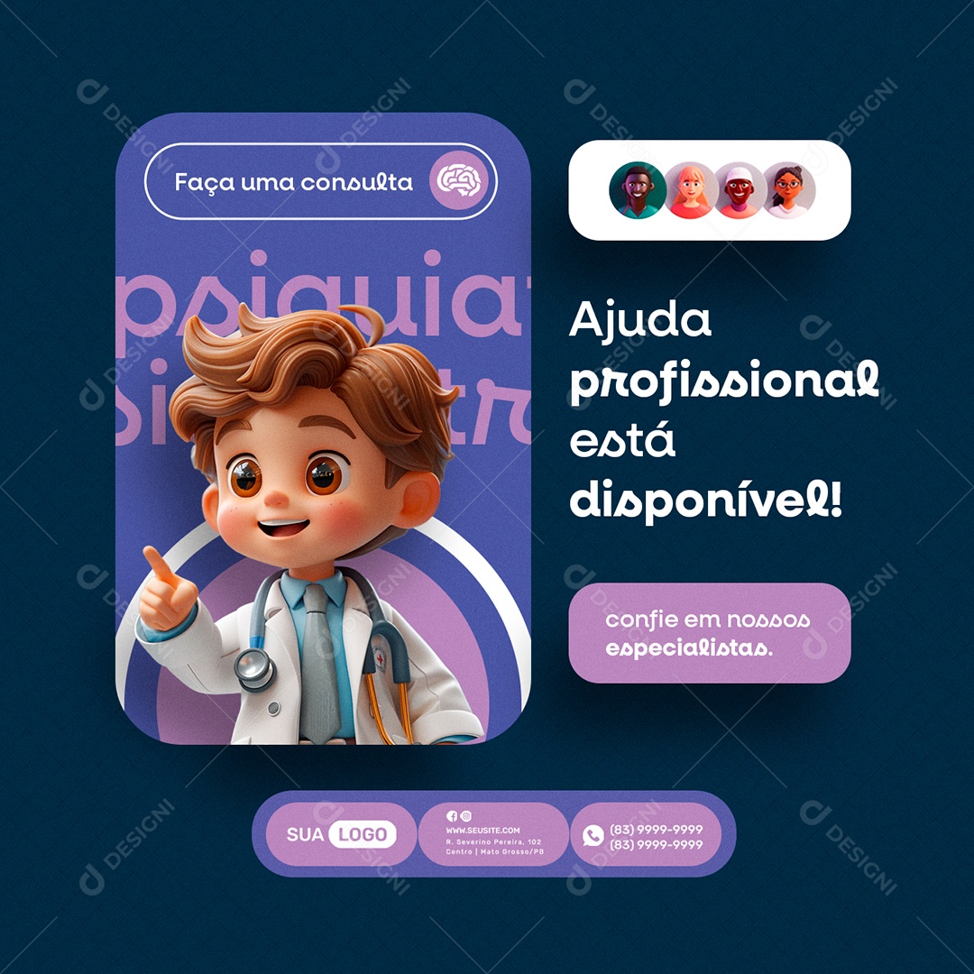 Psiquiatra Ajuda Profissional Está Disponível Social Media PSD Editável