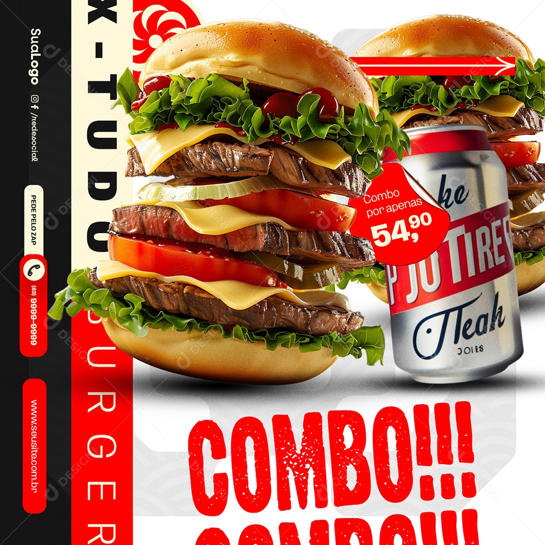 Hamburgueria Combo Refrigerante e X-Tudo Social Media PSD Editável