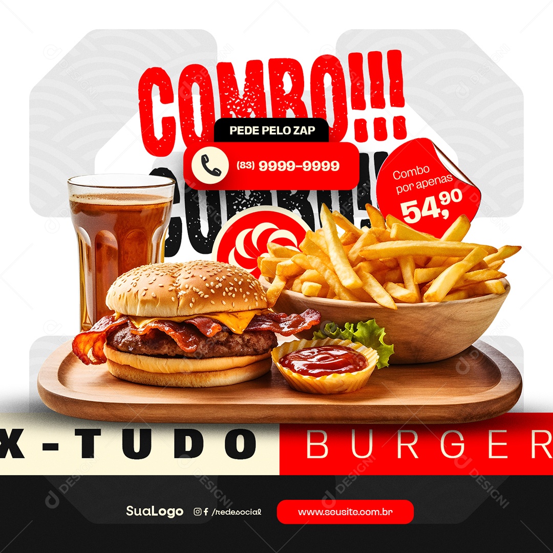 Hamburgueria Combo Refrigerante Hambúrguer e Batata Frita Social Media PSD Editável