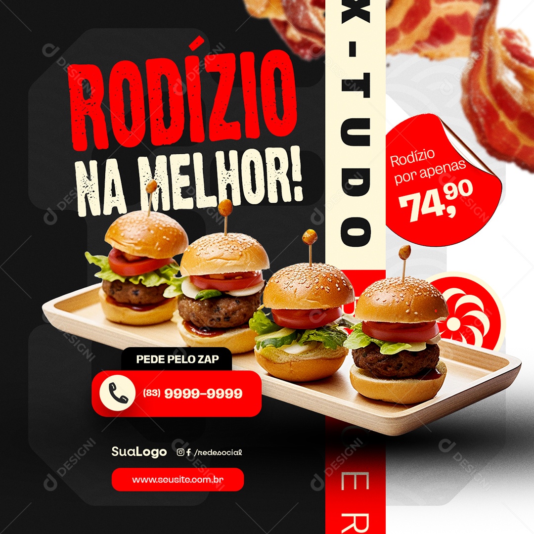 Hamburgueria Rodízio Na Melhor X-Tudo Social Media PSD Editável