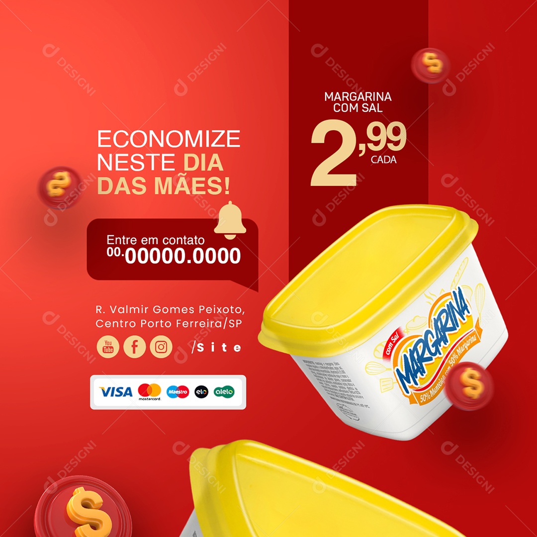 Supermercado Dia Das Mães Margarina Economize Neste Dia Social Media PSD Editável