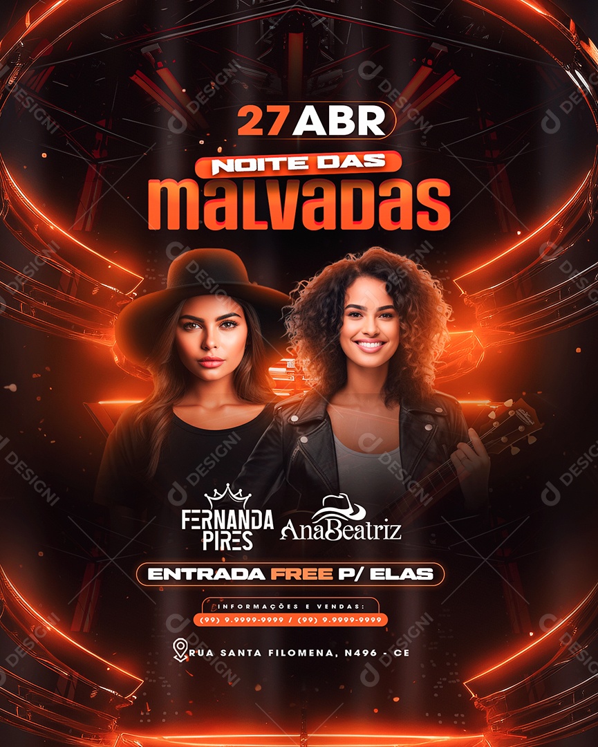 Flyer Noite Das Malvadas Fernanda Pires Ana Beatriz Social Media PSD Editável