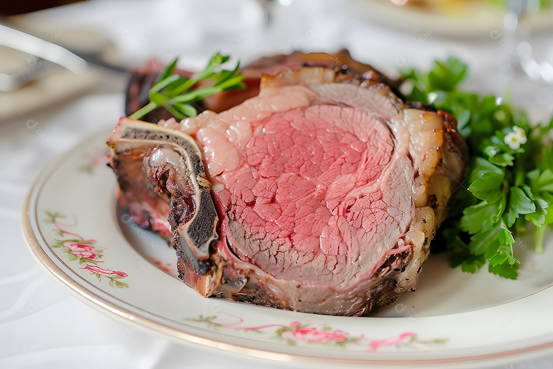 Filé de carne mal passada em um prato sobre uma mesa