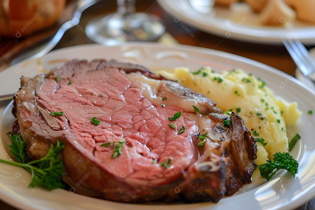 Filé de carne mal passada em um prato sobre uma mesa