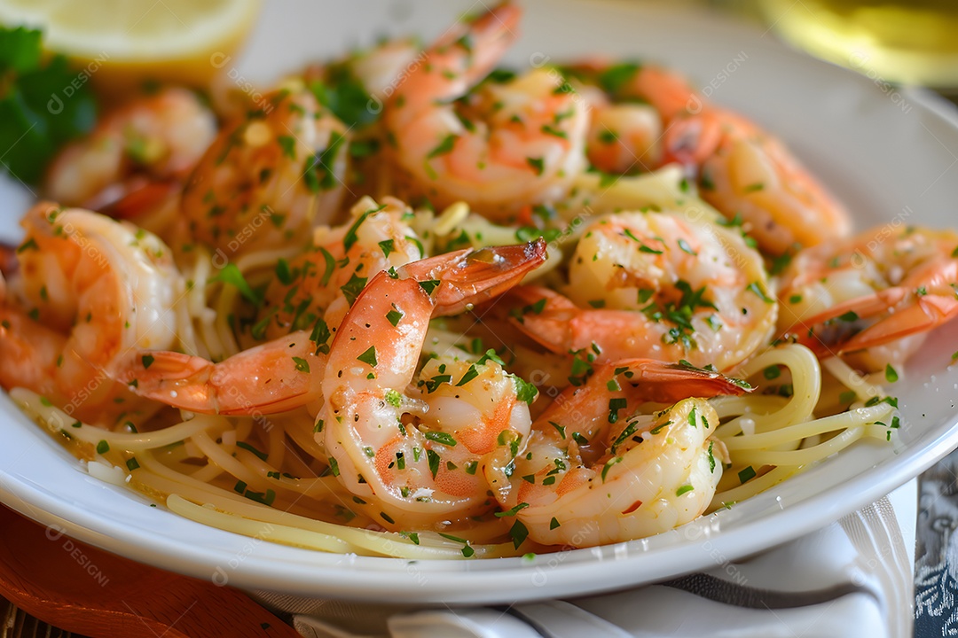 Espaguete de camarão sobre um prato