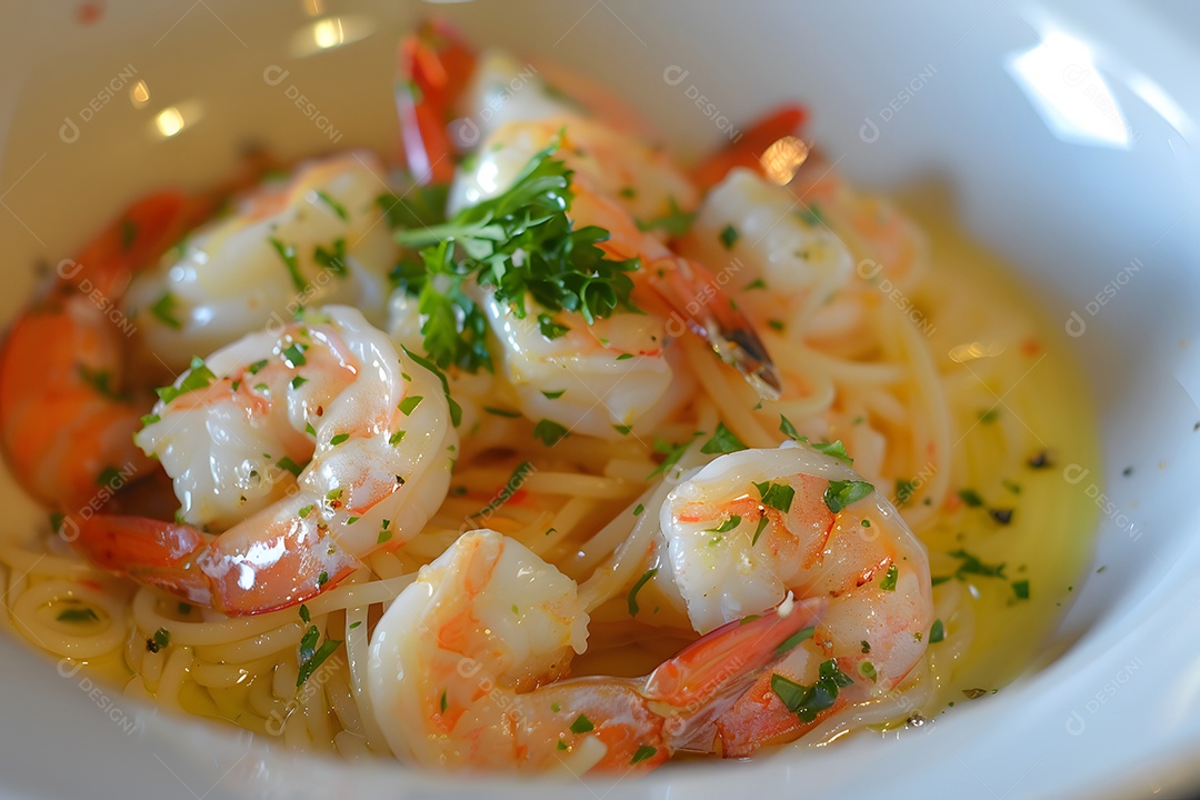 Espaguete de camarão sobre um prato