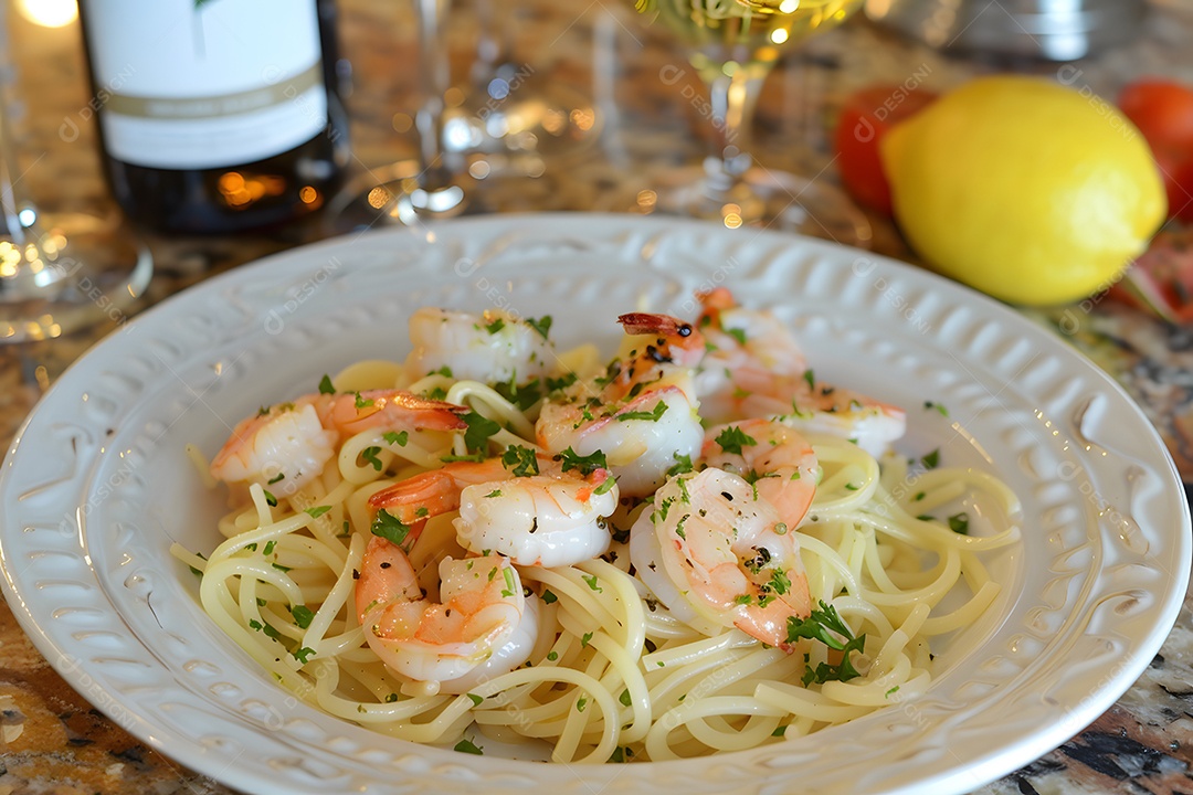 Espaguete de camarão sobre um prato