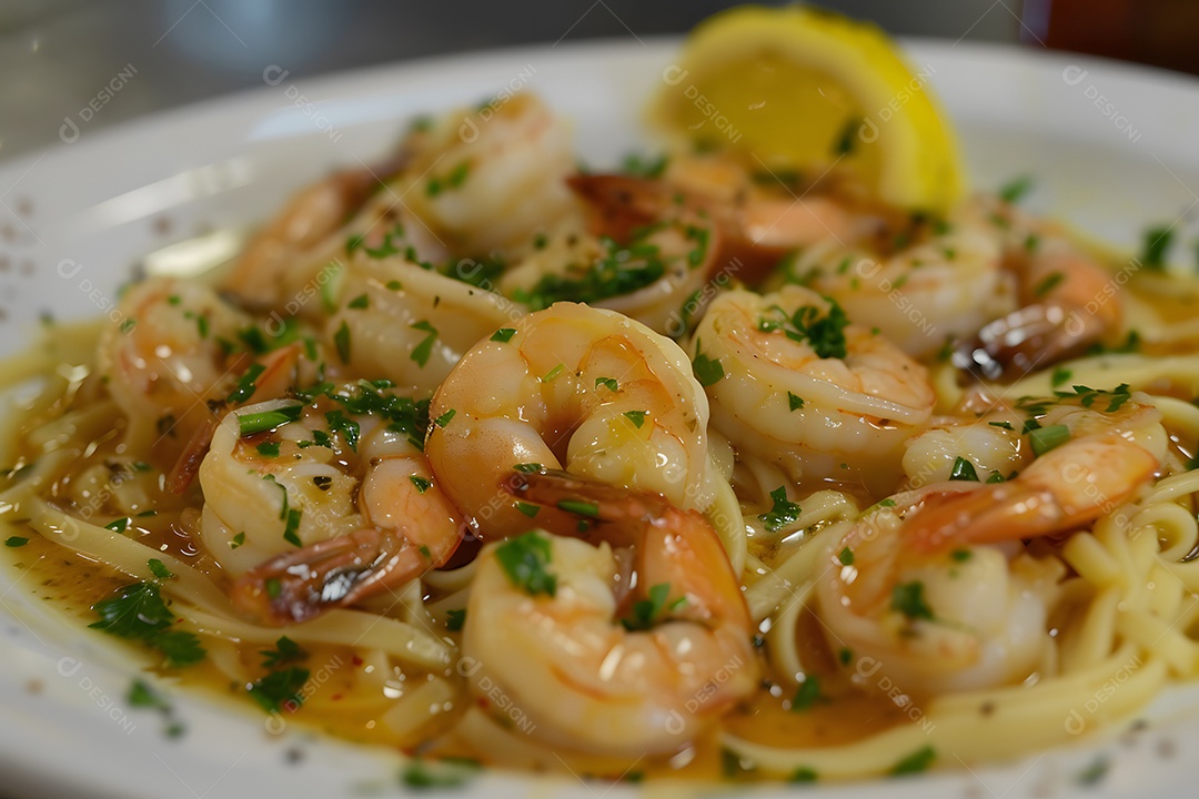 Espaguete de camarão sobre um prato