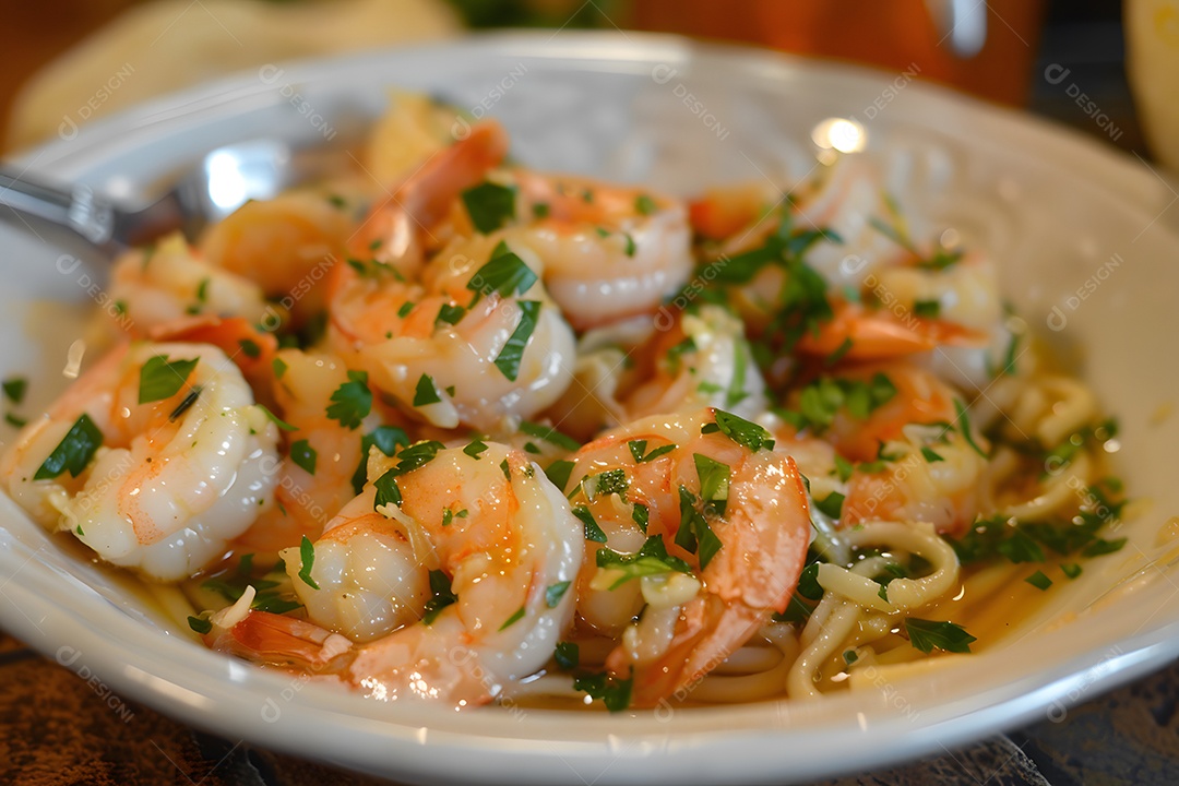 Espaguete de camarão sobre um prato