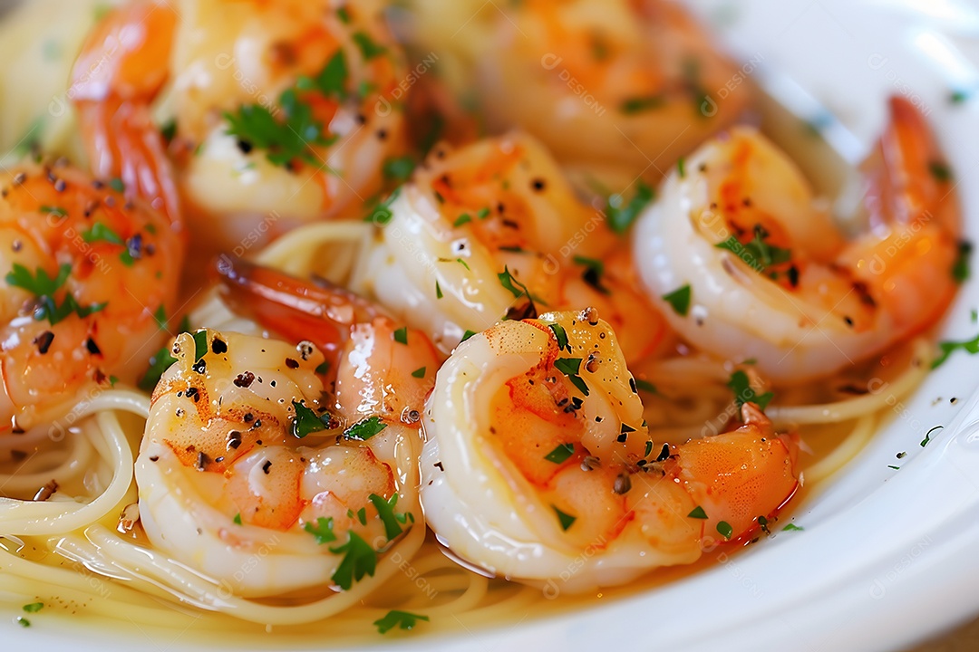 Espaguete de camarão sobre um prato