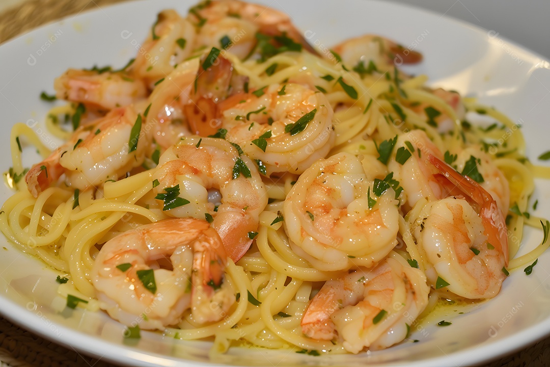 Espaguete de camarão sobre um prato