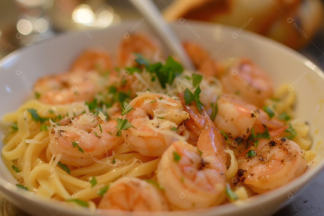 Espaguete de camarão sobre um prato