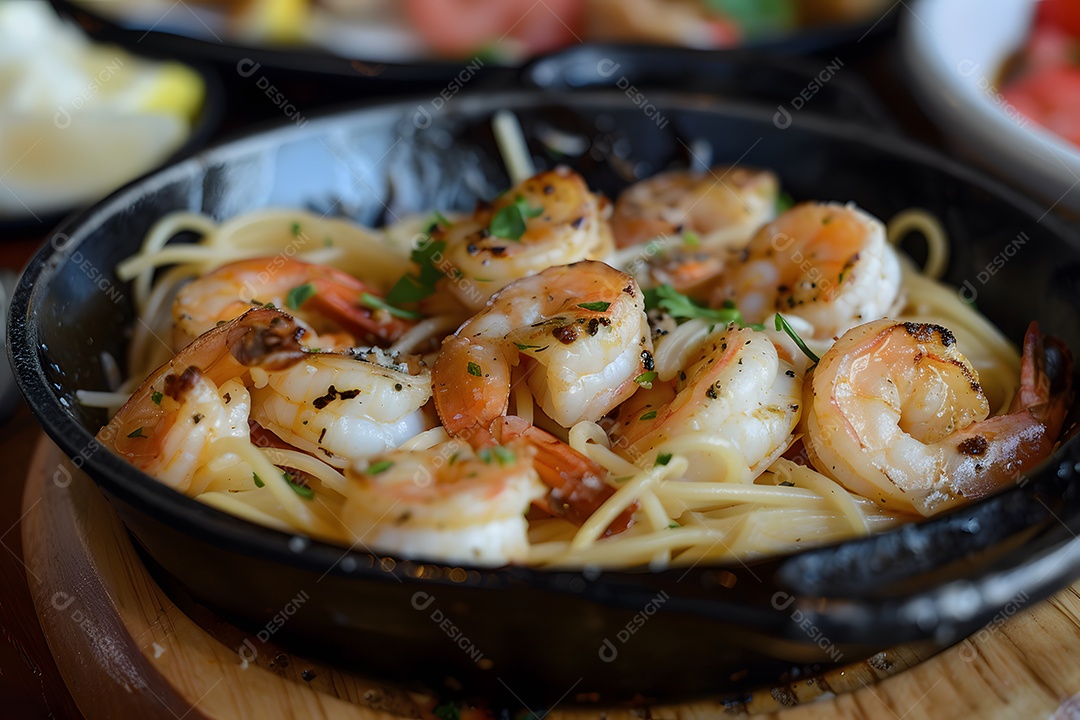 Espaguete de camarão sobre um prato