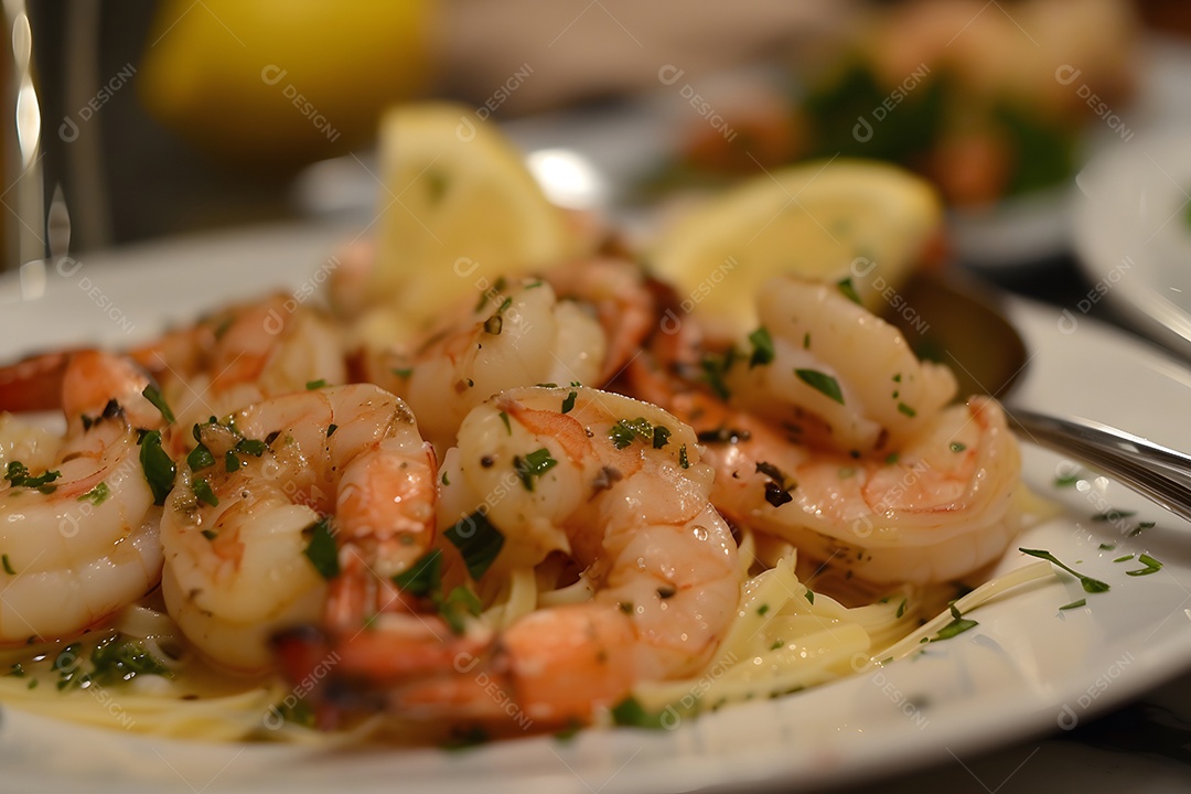 Espaguete de camarão sobre um prato