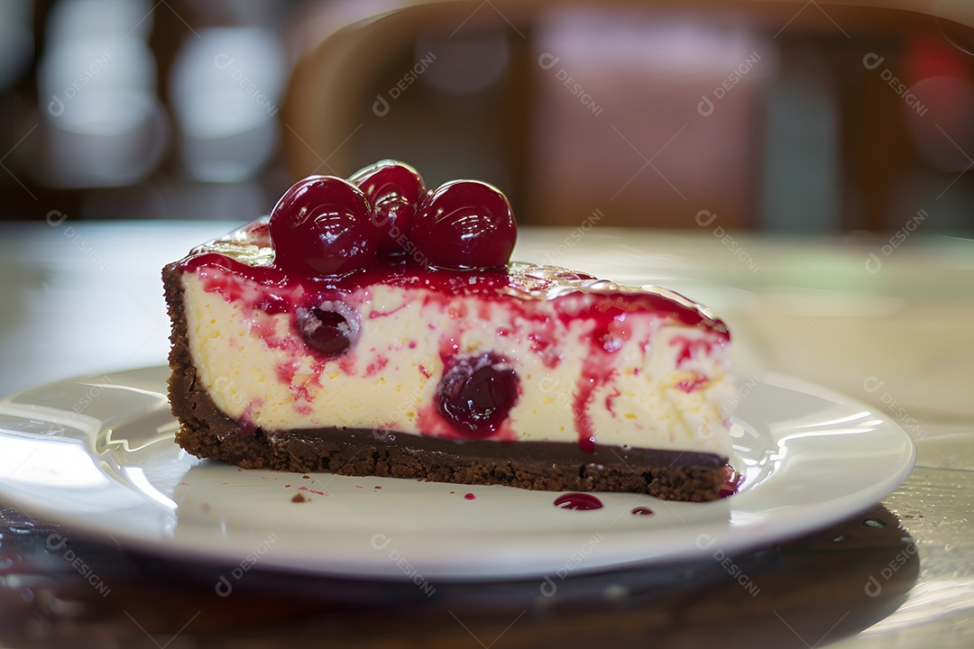Cheesecake de cereja sobre fundo desfocado