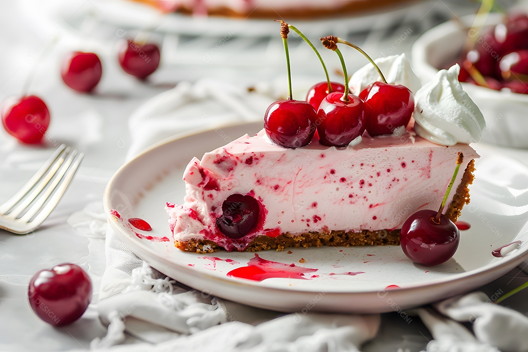 Cheesecake de cereja sobre fundo desfocado