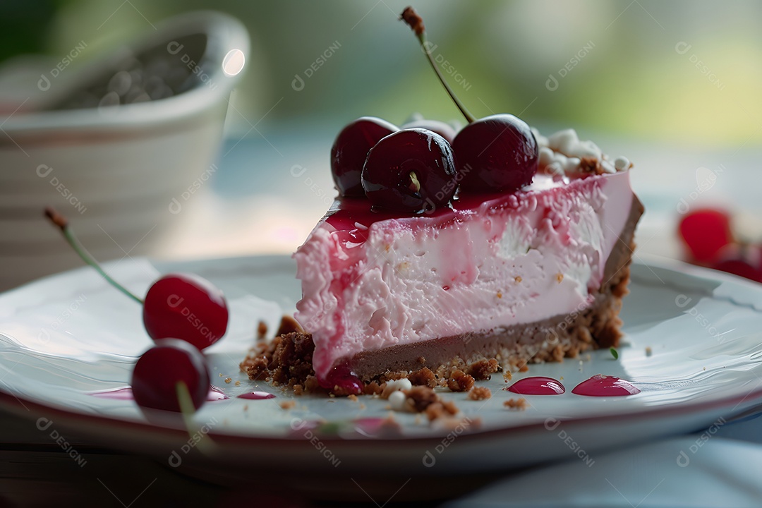 Cheesecake de cereja sobre fundo desfocado