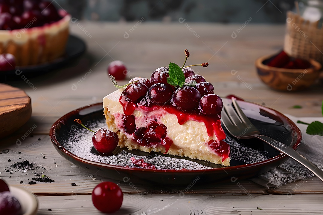 Cheesecake de cereja sobre fundo desfocado