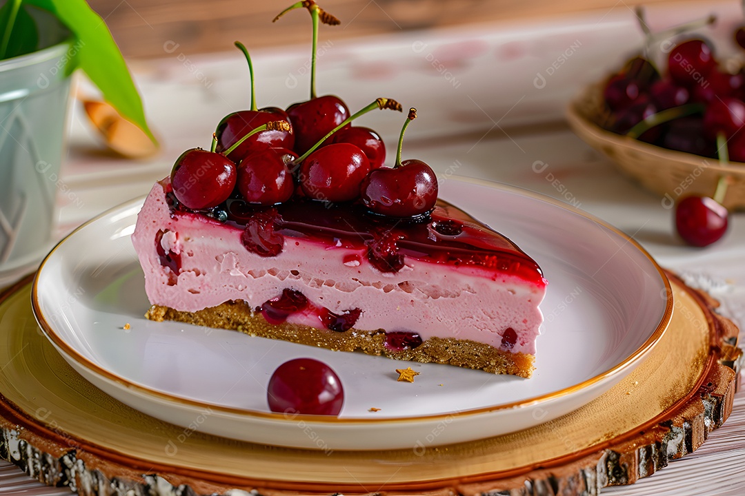Cheesecake de cereja sobre fundo desfocado