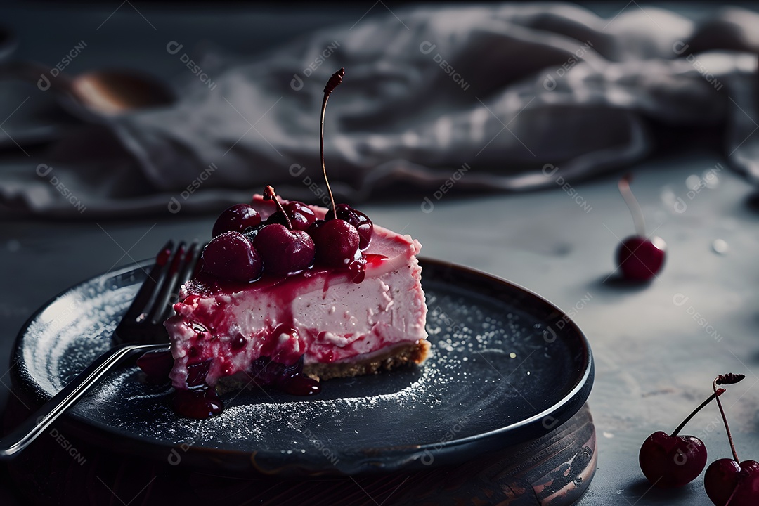 Cheesecake de cereja sobre fundo desfocado
