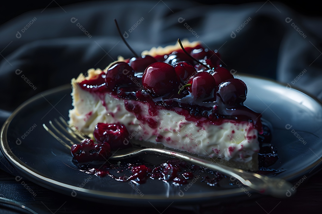 Cheesecake de cereja sobre fundo desfocado