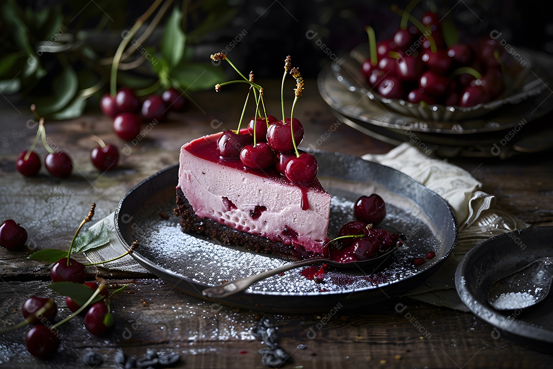 Cheesecake de cereja sobre fundo desfocado