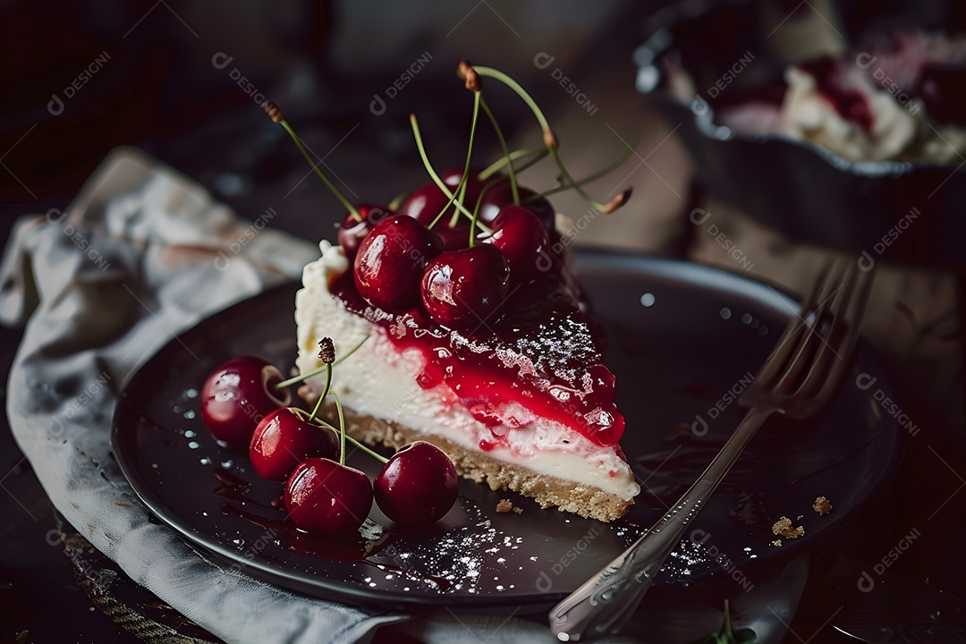 Cheesecake de cereja sobre fundo desfocado