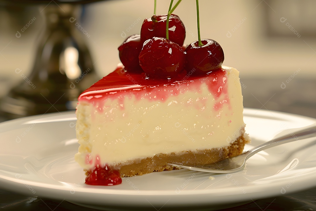 Cheesecake de cereja sobre fundo desfocado