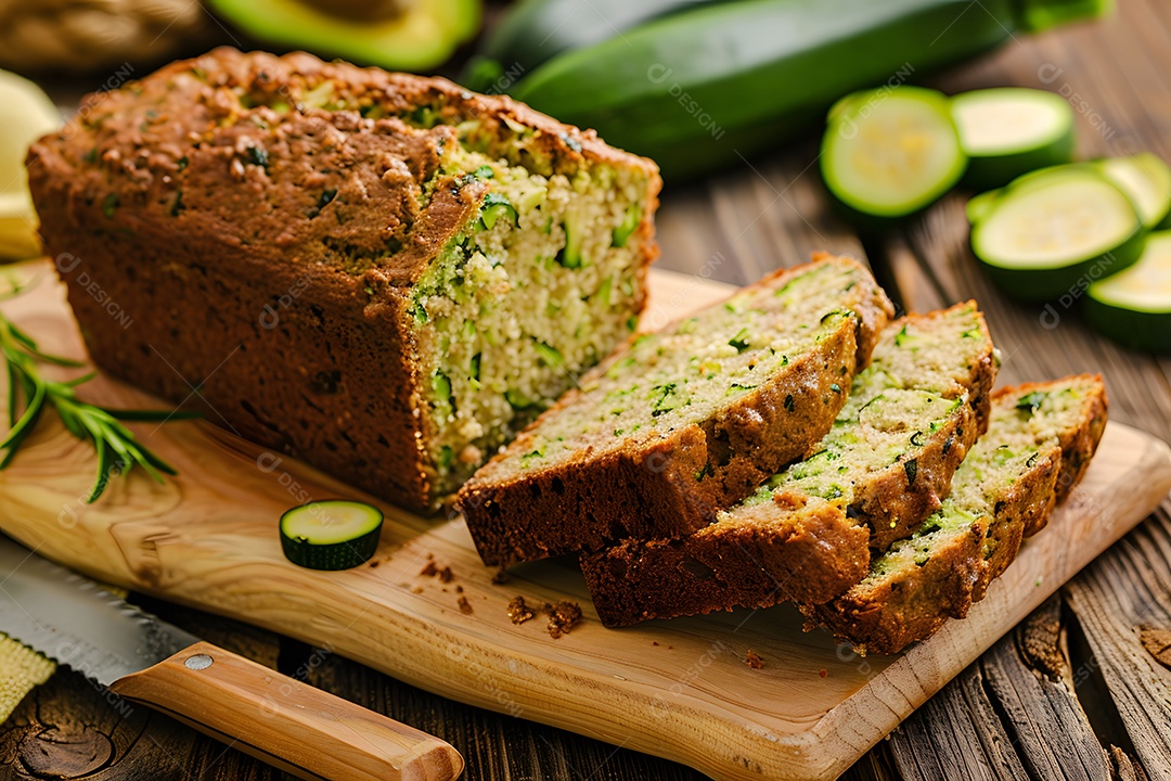 Delicioso bolo salgado de abrobinha sobre uma mesa de madeira
