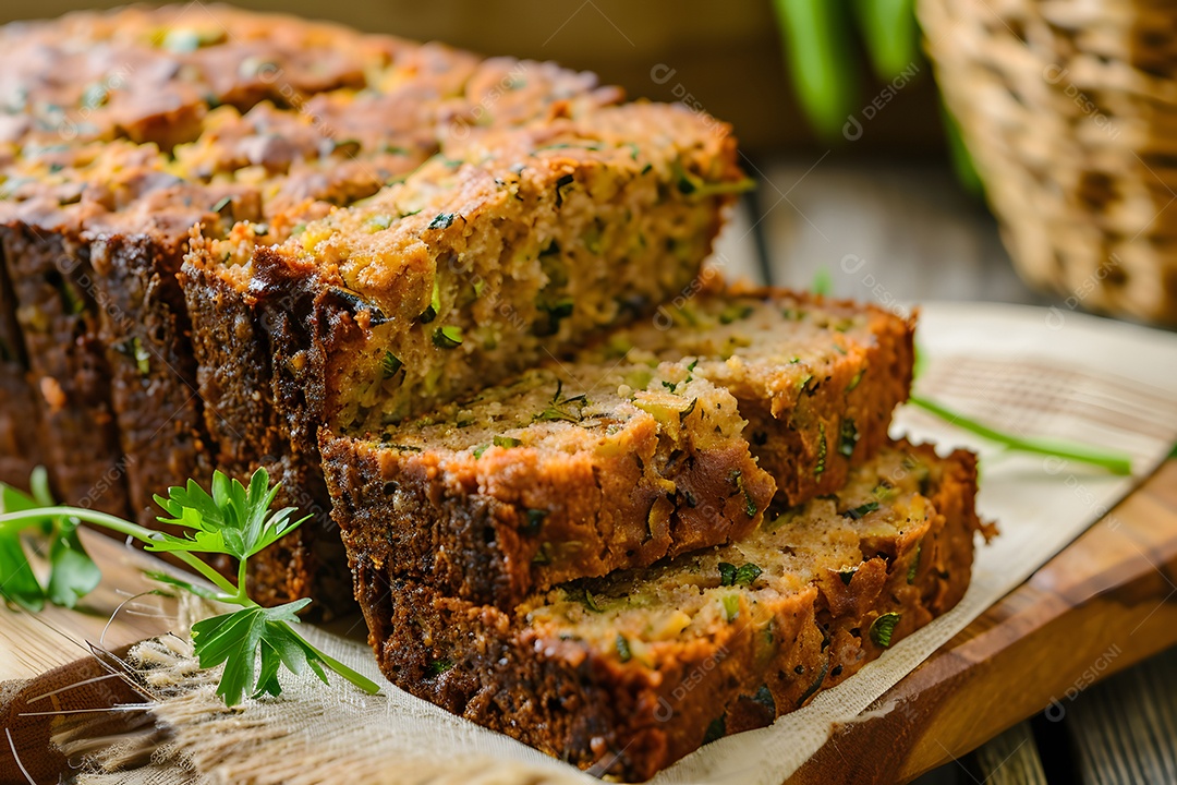 Delicioso bolo salgado de abrobinha sobre uma mesa de madeira