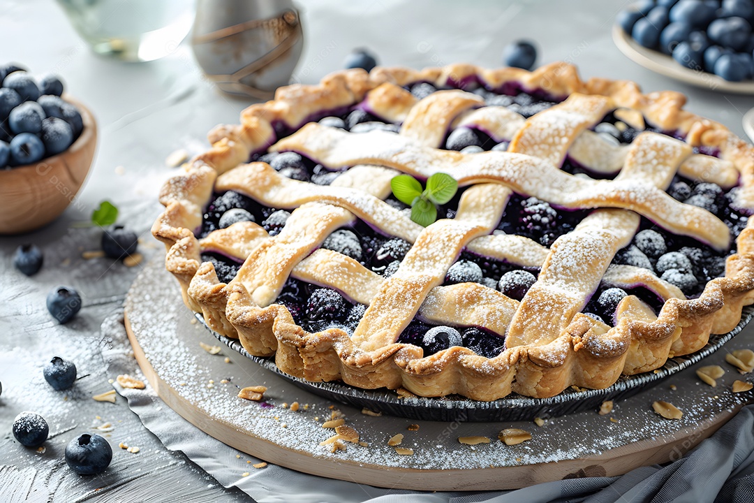 Deliciosa torta de mirtilo sobre mesa de madeira