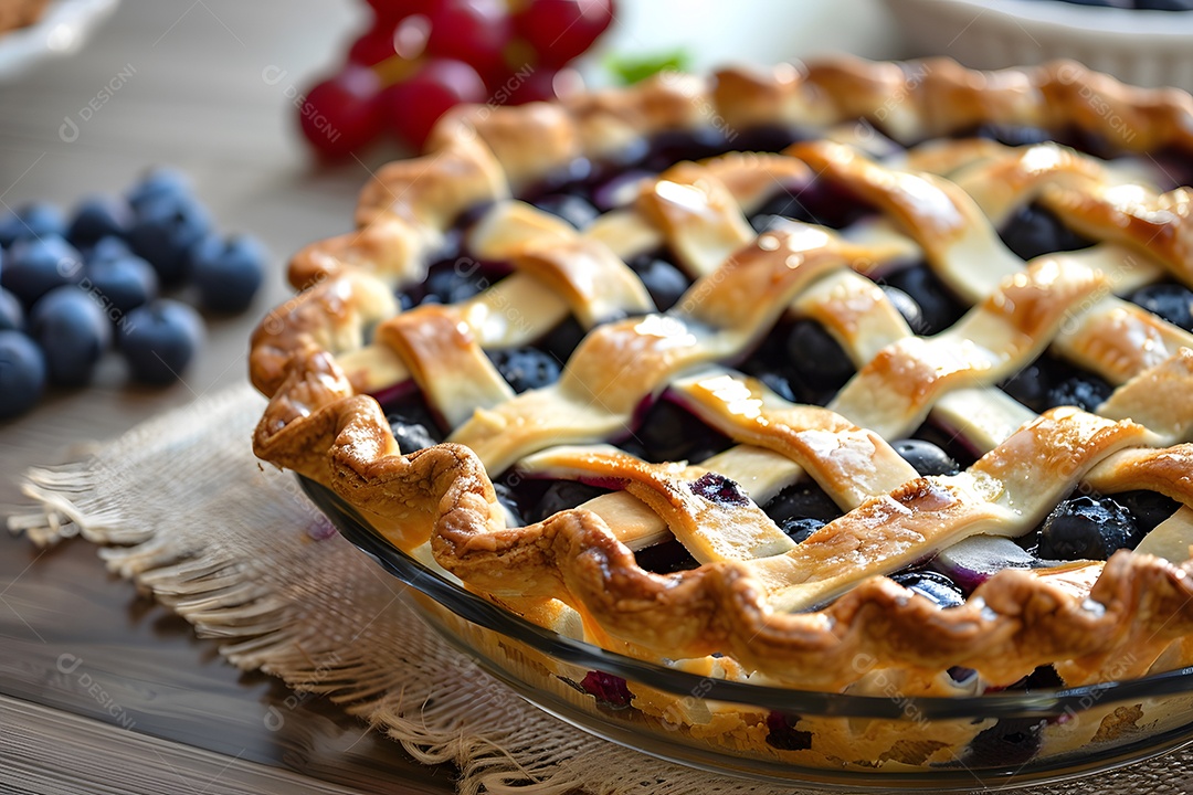 Deliciosa torta de mirtilo sobre mesa de madeira