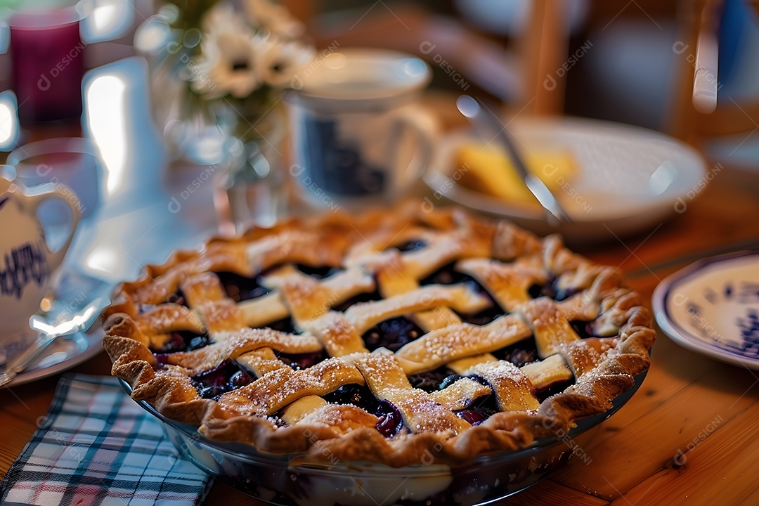 Deliciosa torta de mirtilo sobre mesa de madeira