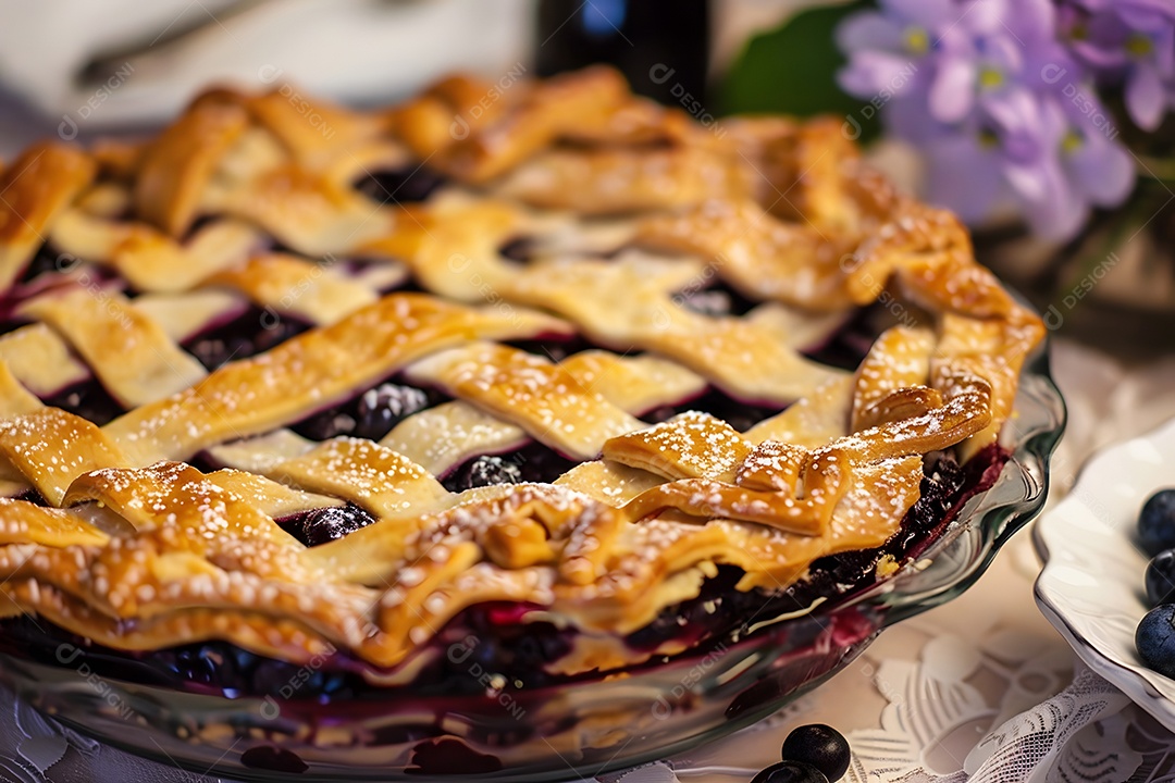 Deliciosa torta de mirtilo sobre mesa de madeira