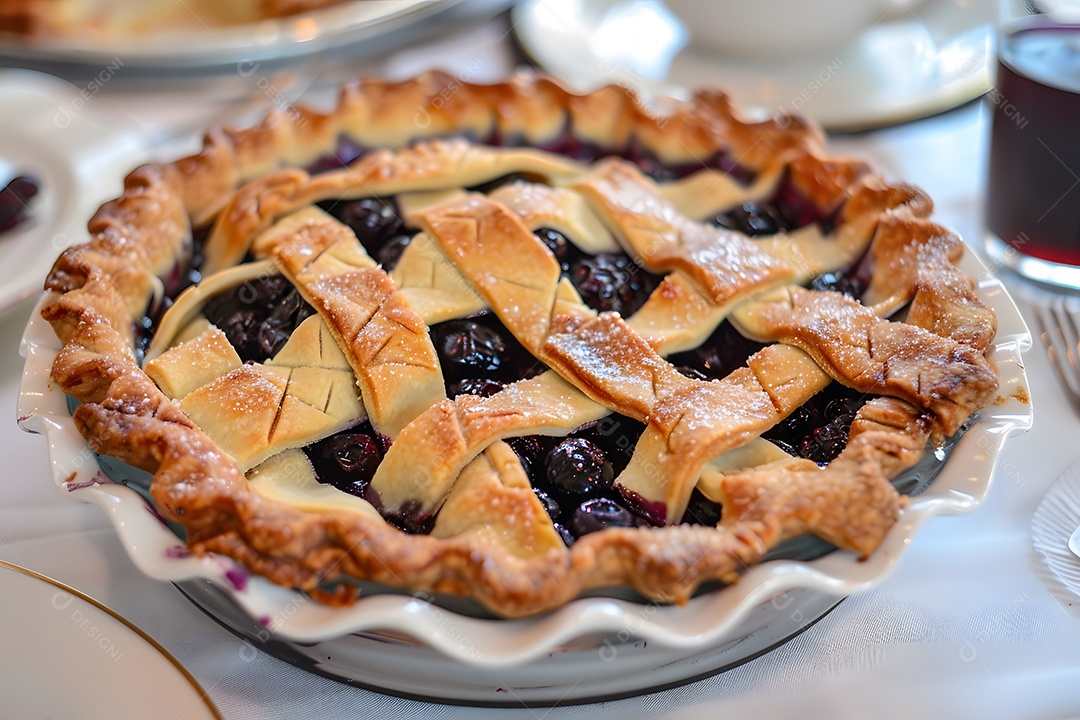 Deliciosa torta de mirtilo sobre mesa de madeira
