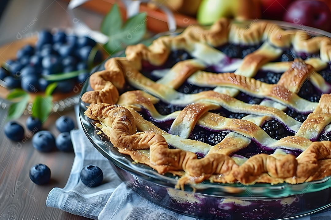 Deliciosa torta de mirtilo sobre mesa de madeira