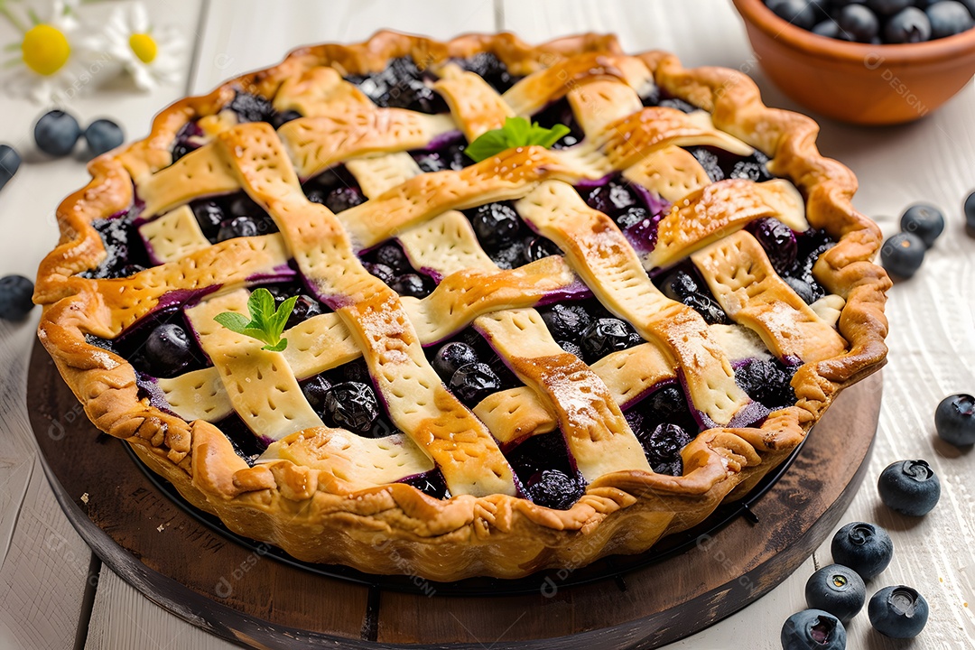 Deliciosa torta de mirtilo sobre mesa de madeira