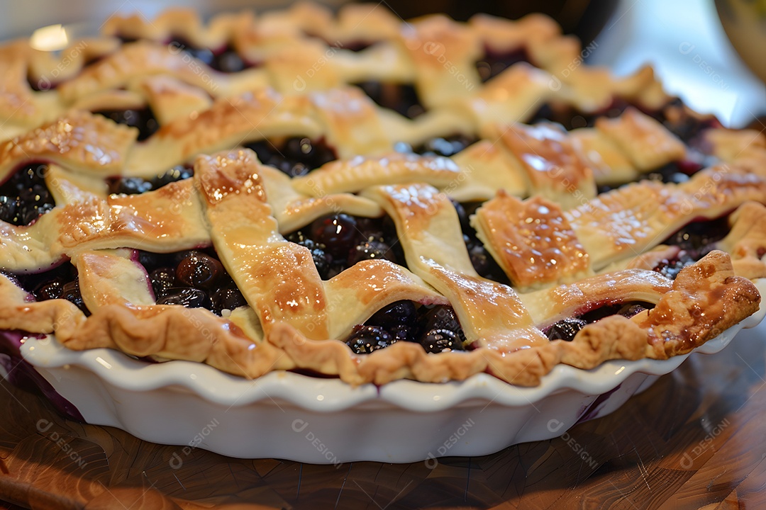 Deliciosa torta de mirtilo sobre mesa de madeira