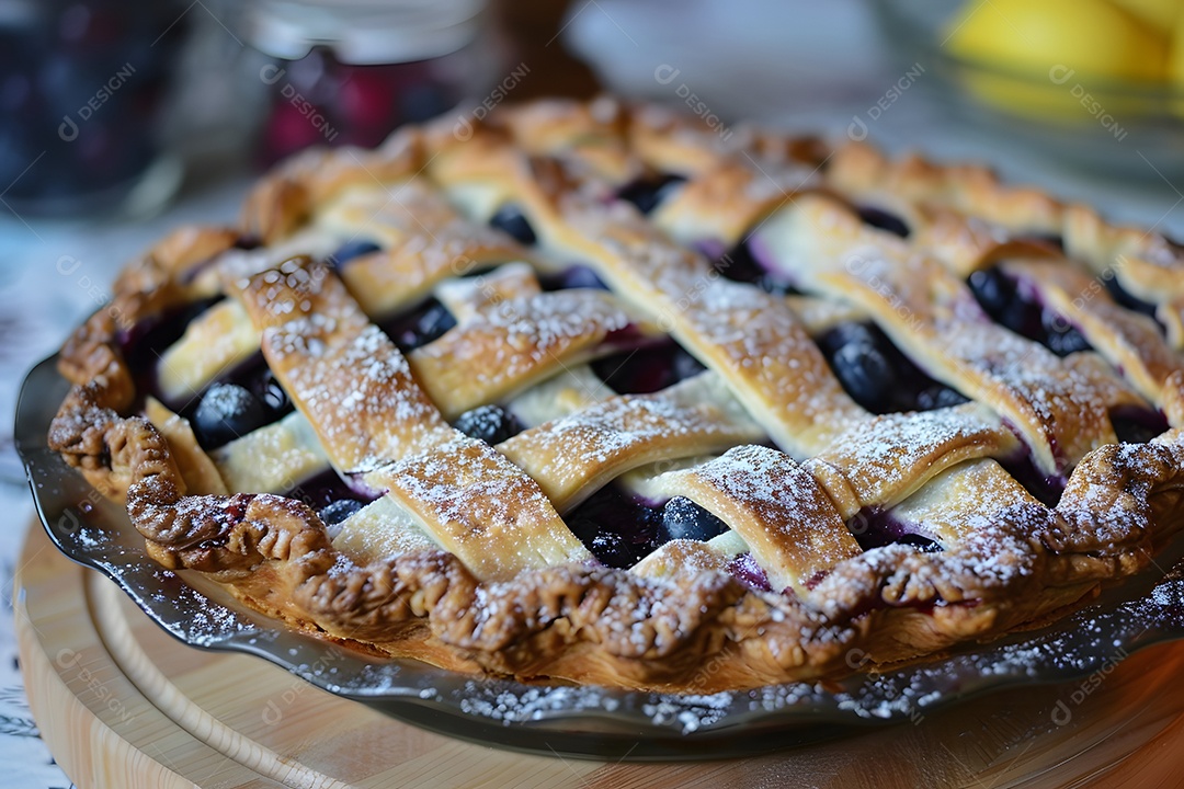 Deliciosa torta de mirtilo sobre mesa de madeira