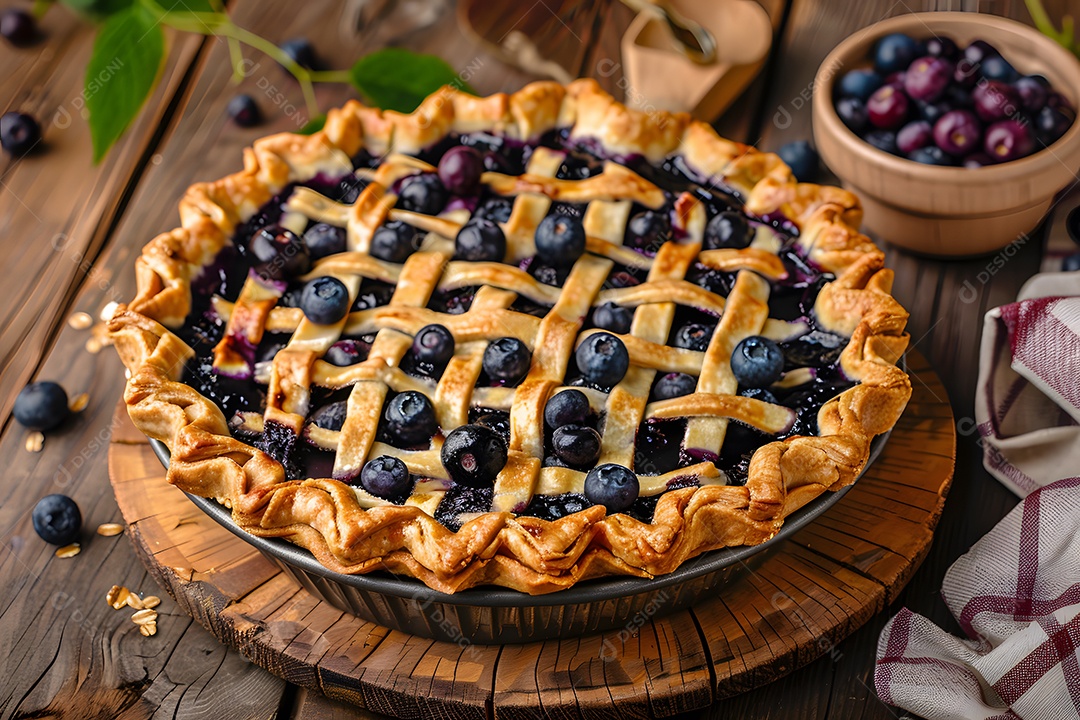 Deliciosa torta de mirtilo sobre mesa de madeira