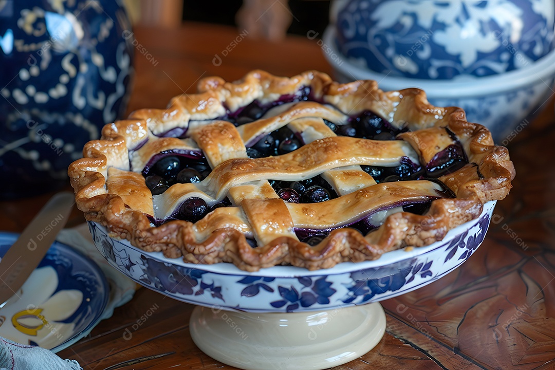 Deliciosa torta de mirtilo sobre mesa de madeira