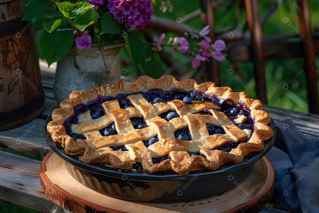 Deliciosa torta de mirtilo sobre mesa de madeira